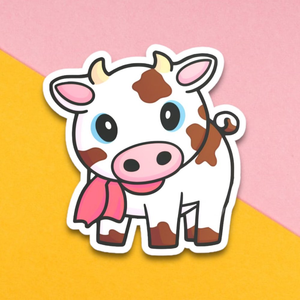 5/$15 Cow Sticker, Illustrated Kawaii Cow Decal, Cute Animal Stickers, Vinyl